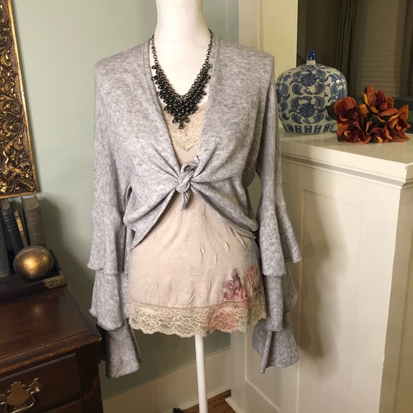 Sweaters - Gray Sweater Cardigan Wrap with Bell Sleeves